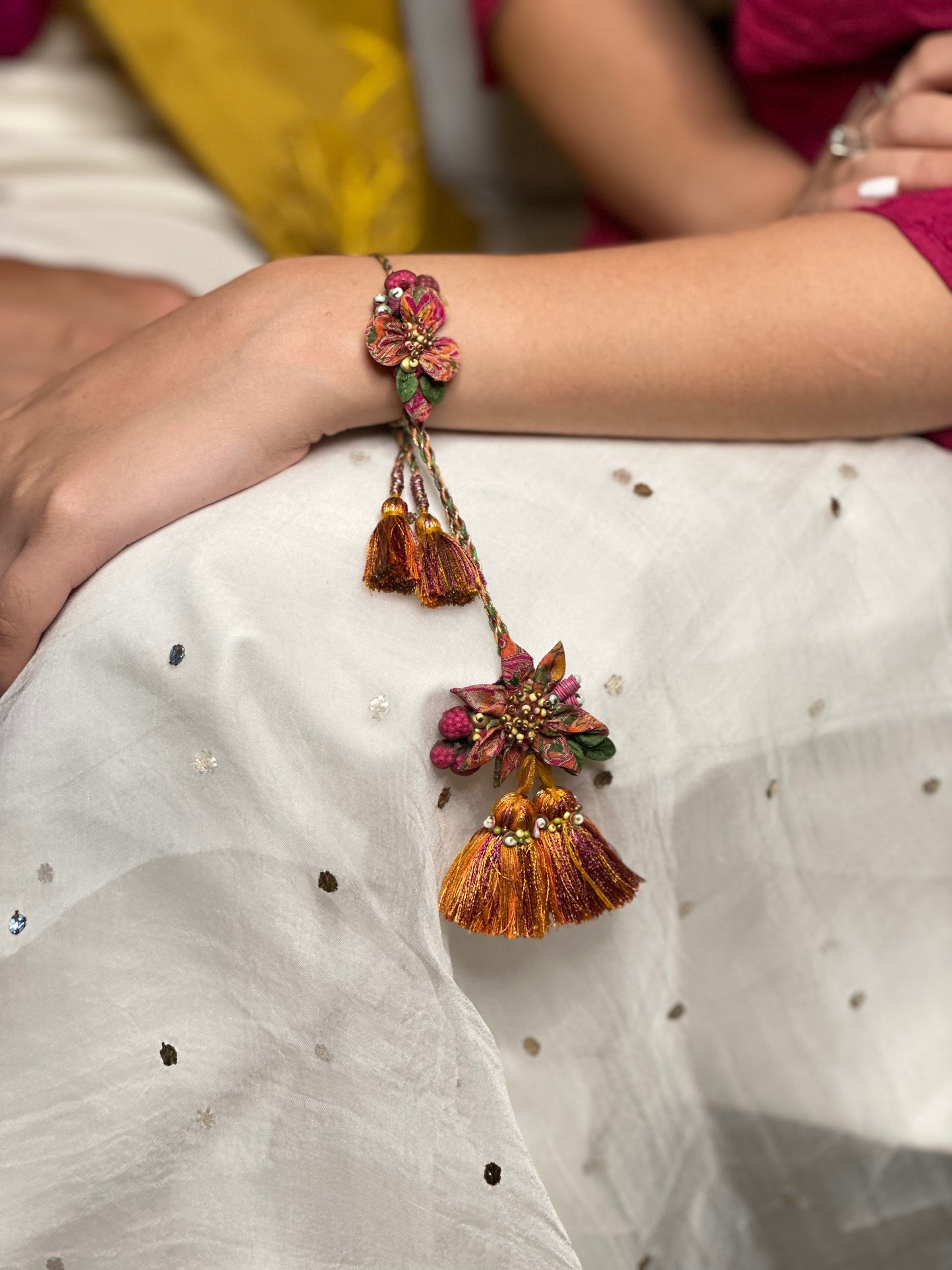 Salmon shimmer Rakhi Loomba Set - Orange Pink