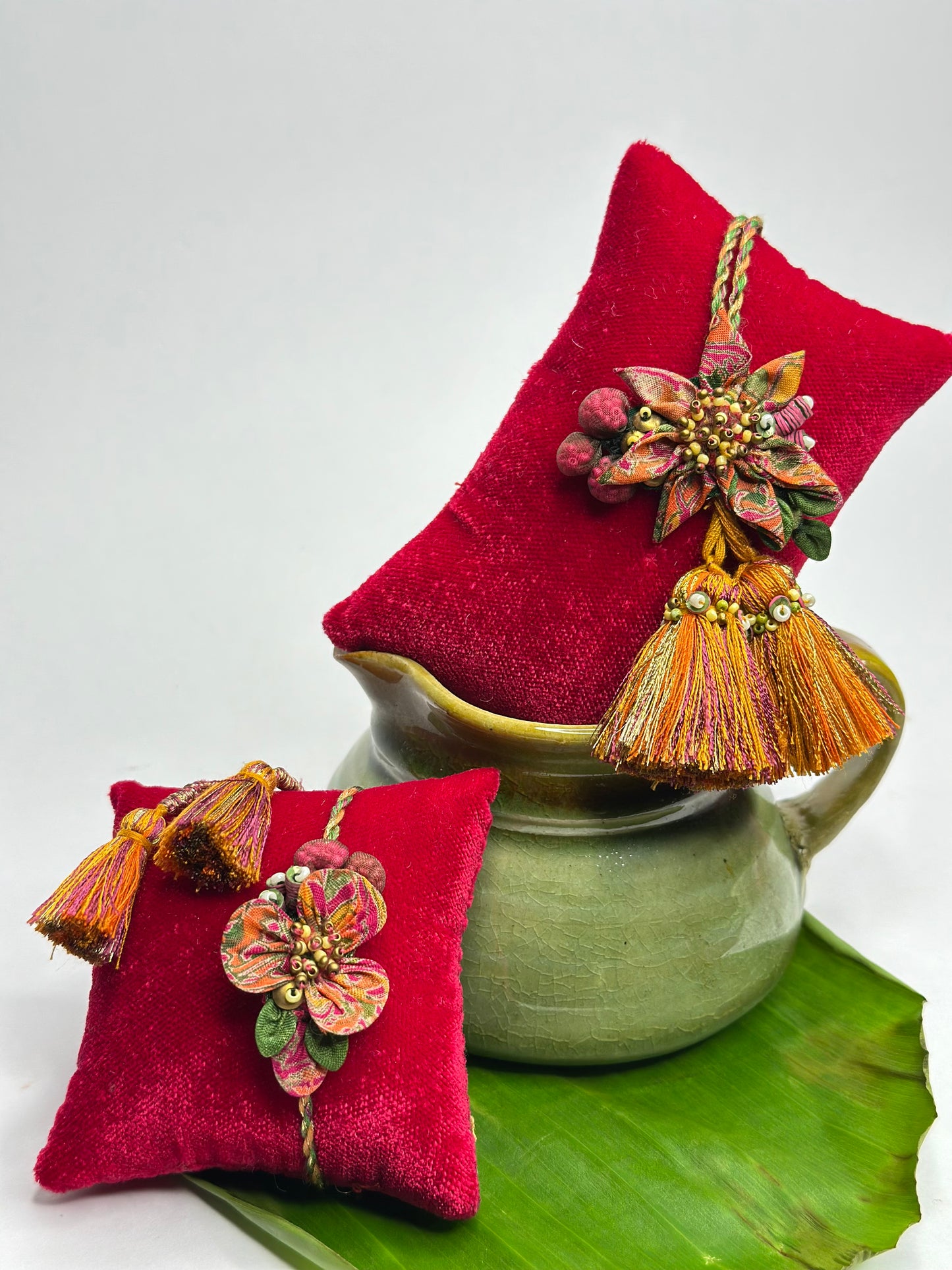 Salmon shimmer Rakhi Loomba Set - Orange Pink