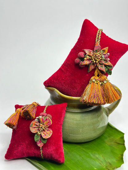 Salmon shimmer Rakhi Loomba Set - Orange Pink