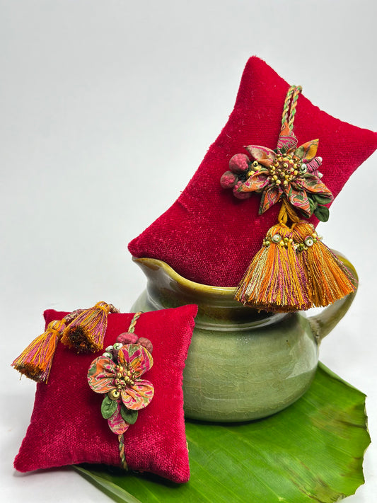 Salmon shimmer Rakhi Loomba Set - Orange Pink